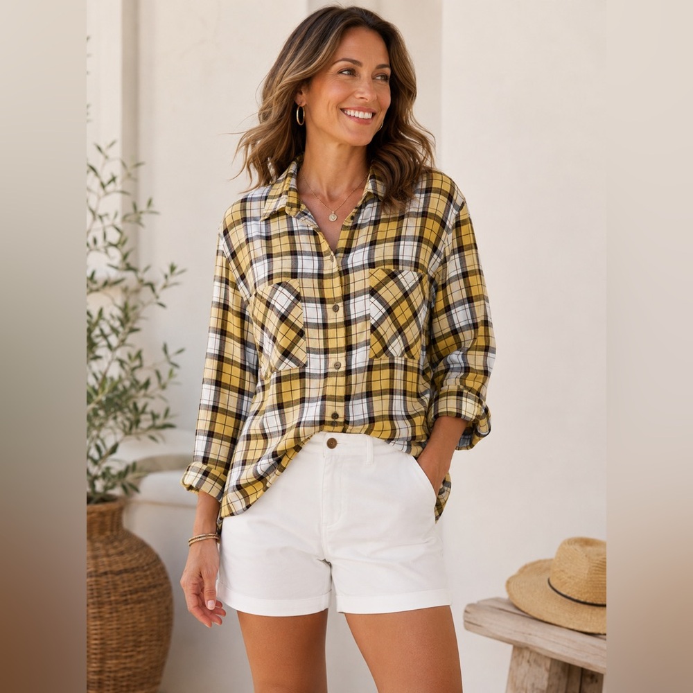 Sanctuary yellow and white plaid long sleeve button down shirt